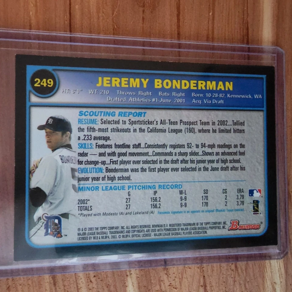 Jeremy Bonderman 2003 Topps Bowman primer novato #249 mlb béisbol Detroit Tigers Foto 2 de 2