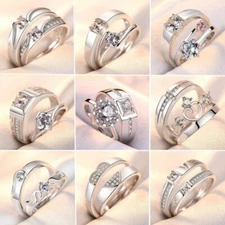2pcs/set 925 Silver Zircon Promise Ring Couple Adjustable Letters Women Men Gift