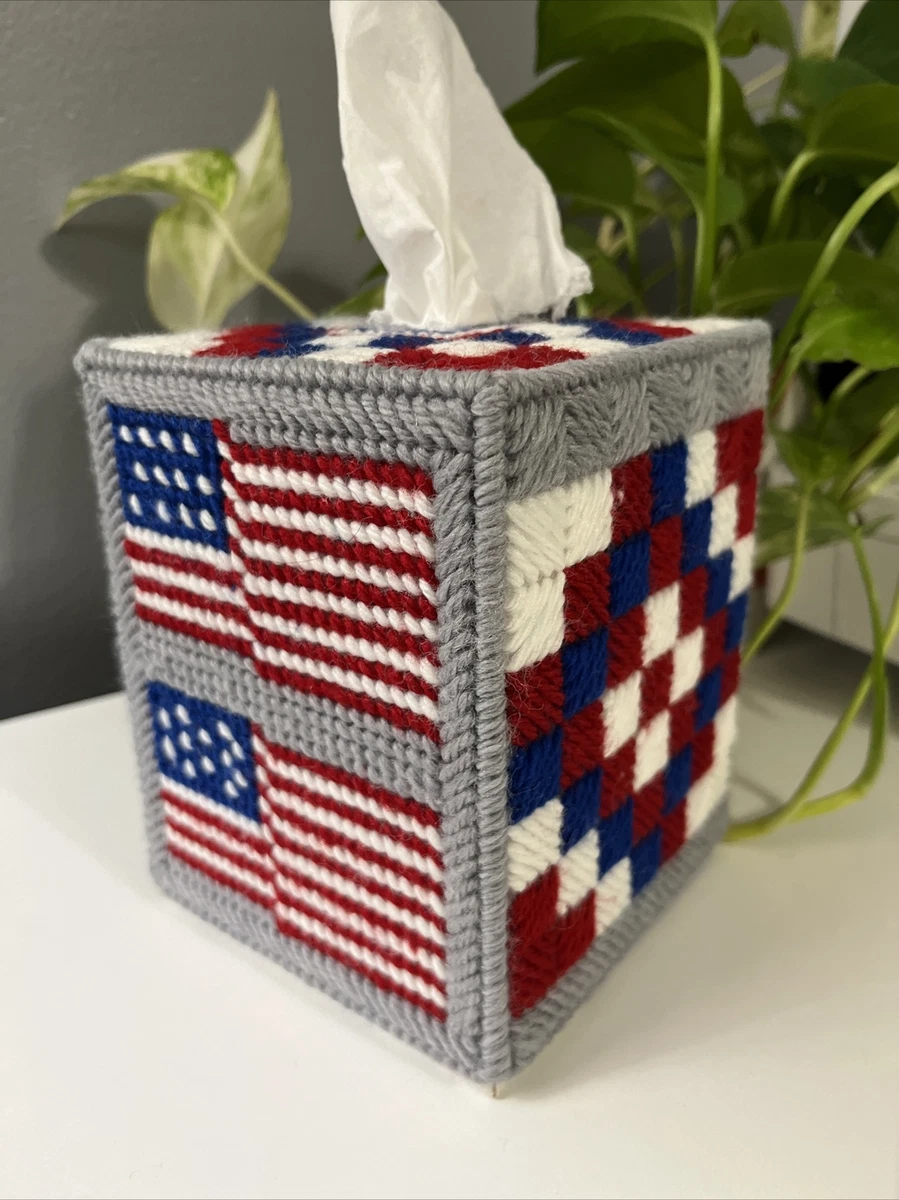 Tissue Box Cover 4th of July Red White Blue Handmade Yarn Canvas