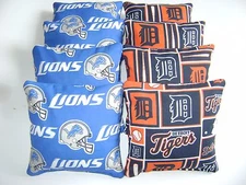 DETROIT TIGERS & LIONS CORNHOLE BEAN BAGS SET OF 8 TOP QUALITY TOSS GAME 