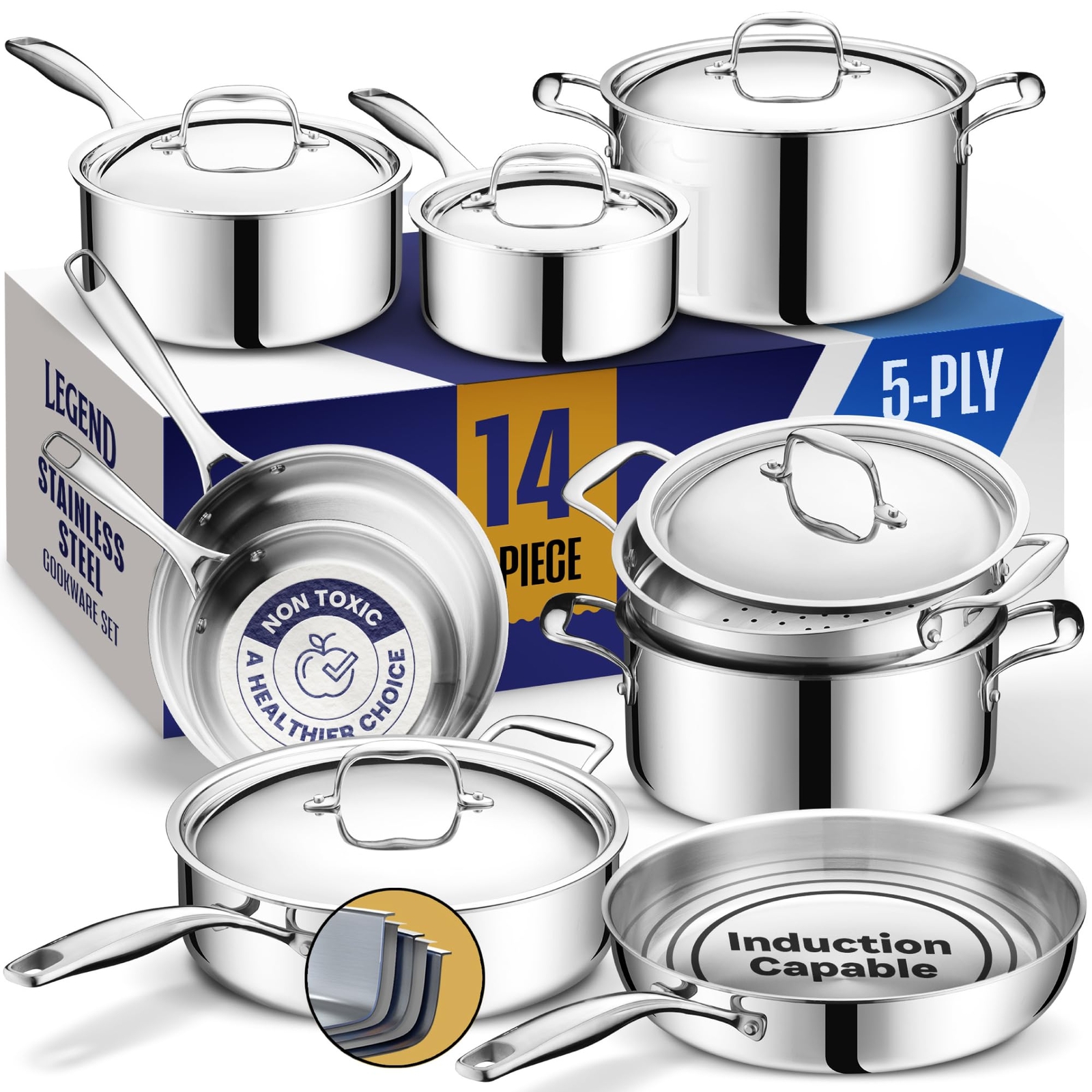 Stainless Steel Cookware Set | 5 Ply, 14-Piece, Induction, Non-Toxic, Oven Sa...