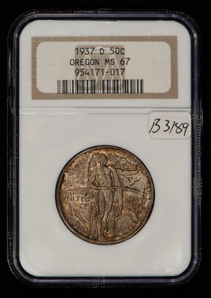 1937-D 50c Oregon Half Dollar - PQ Rainbow Tab Toning VIDEO - NGC MS 67 - B3189 - Image 2 of 4
