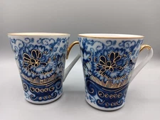 Russian Imperial Lomonosov Tea Cup Blue White Gold- set of 2
