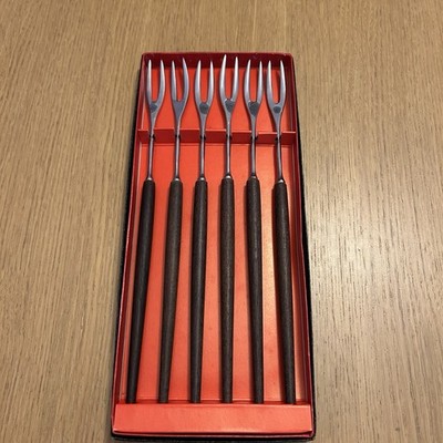 Vintage Fondue Gabeln Teakholz Griff MCM Edelstahl Japan 6er Set 25,5 cm