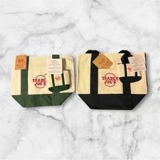 Trader Joe's Mini & Micro Tote 2-in-1 Grocery Bag Green and Navy Set of 4 