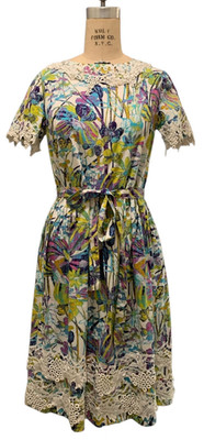 Vintage 70s/80s Women's SS Lace Trimmed Mod Print Belted Cotton Day Dress - Sz M