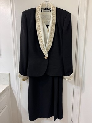 Albert Nipon 1980 s Vintage Three Piece Black Skirt Suit Beaded Women's Size 10