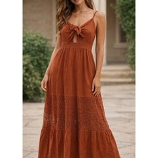 American Eagle Tie Front Crochet Maxi Dress Burnt Orange Rust Small