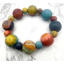 Chunky Hand Painted Polymer Clay Stretch Bracelet Colorful Boho Artisan 9"