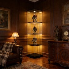 Rotatable Display Cabinet with Glass Doors, Curio Cabinet with LED Lights