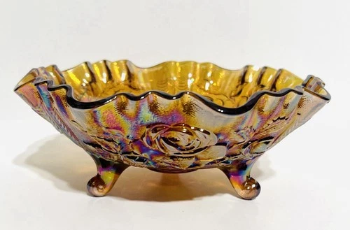 Vintage Carnival Glass Ruffled Footed Bowl Rose Pattern Iridescent Amber