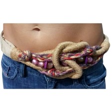 Vintage Carolyn Tanner Designs Braided Jute Beaded Belt Natural Fibers 24- 32