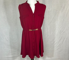 Always Indigo Dress 2X Midi Red Textured Button Up Elastic Waist Stretch