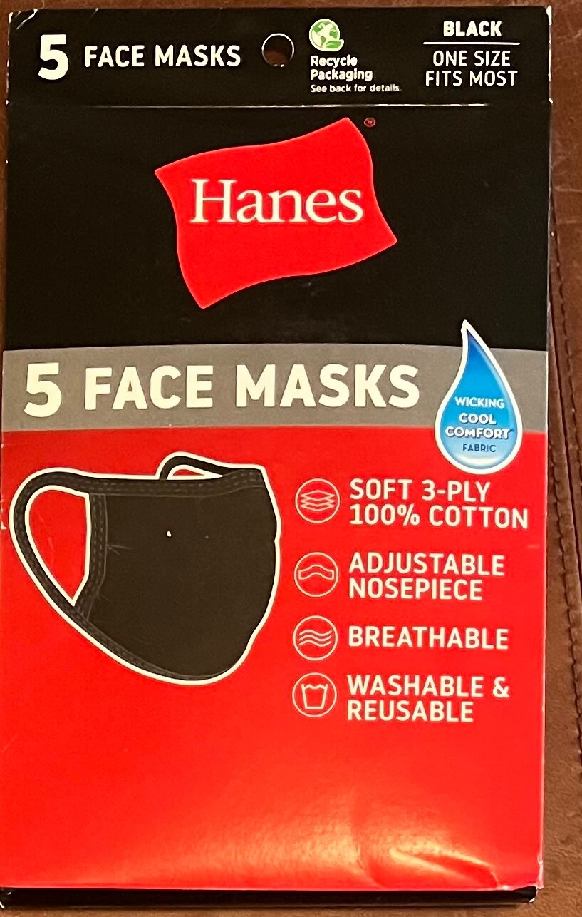 5 Pack Hanes Face Masks Black Cotton Reusable Cover Face mask Cloth