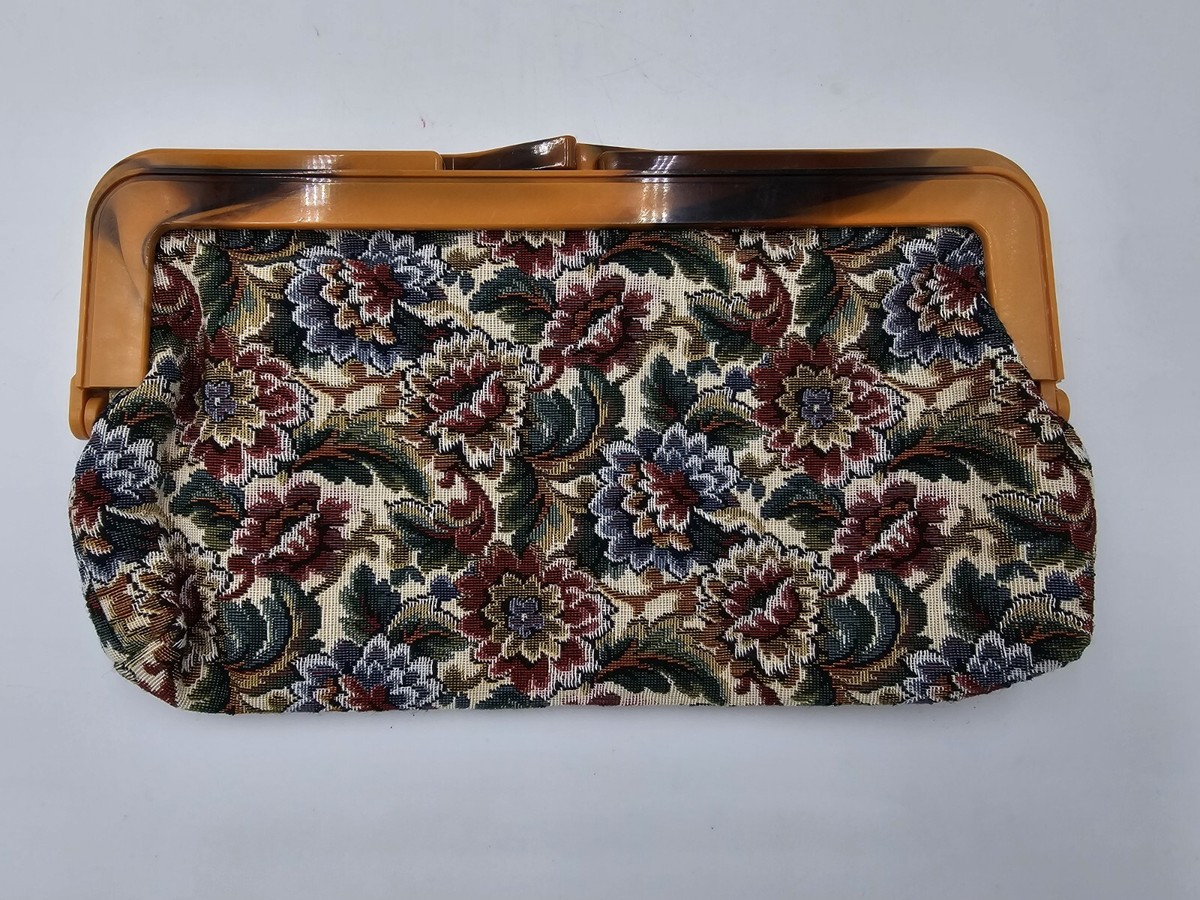 Vintage Clutch Purse Handbag Floral Tapestry Lucite Kiss Lock Top