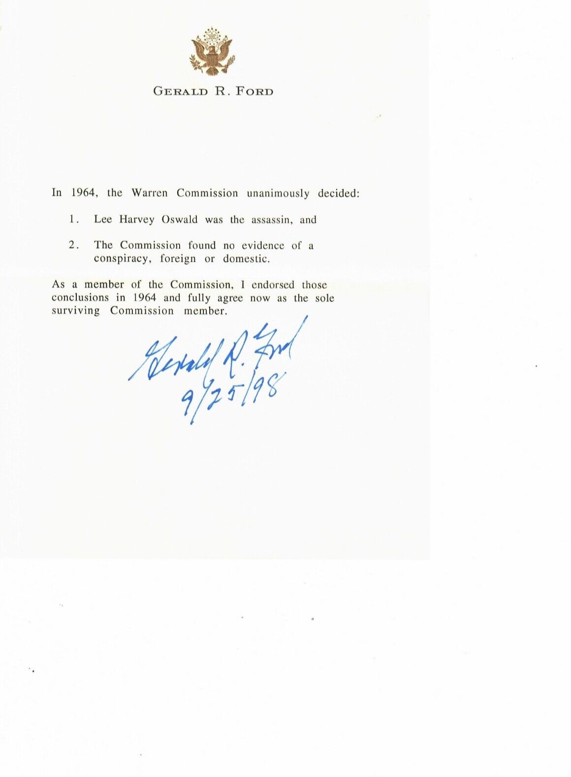 Gerald R. Ford Signed Warren Commission Findings Letter eBay