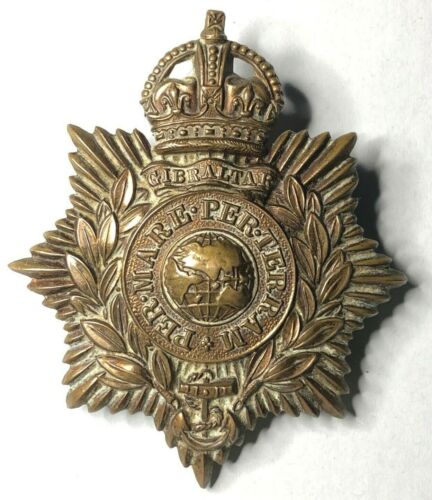 WW1 Royal Marines Bandsman Helmet Plate Cap Badge unpolished Patina Original - Imagen 1 de 3