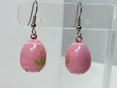 Beautiful Vintage Pink Enamel Easter Egg Bell Drop Dangle Earrings