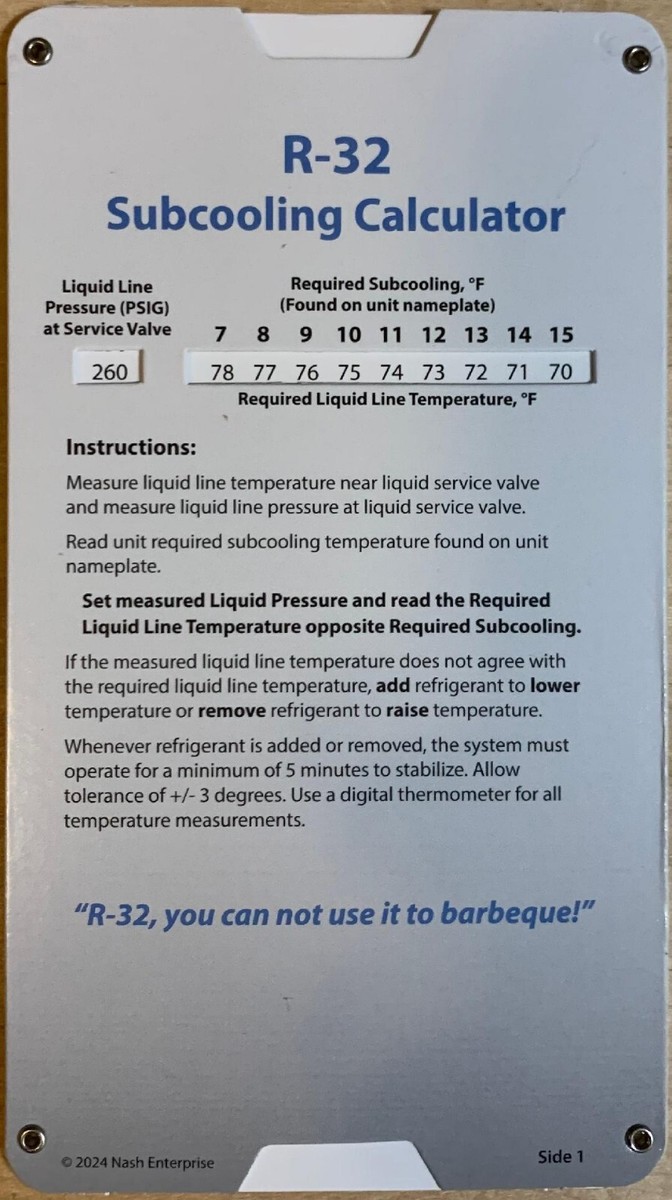 R-32 R-454b Superheat Charging Chart For A2L Air Conditioner Service Repair