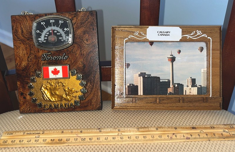 2- Small New Old Stock CANADA WOOD Wall Plaques  Thermometer & KEY/PHOTO Holder