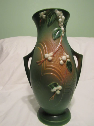 Roseville #1V1-12" Green Snowberry 2 Handled Vase