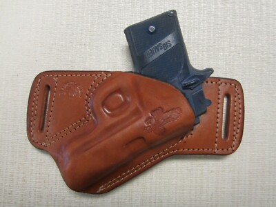 Fits SIG P938 BROWN LEATHER,SOB, OWB BELT HOLSTER, RIGHT H, ULTRA SLIM DESIGN