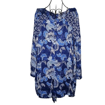 Roxy blue floral long Roll Tab sleeve Flowy shorts romper size Small