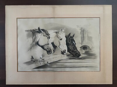 ORIGINAL ANTIKE S/W BLEISTIFT & BUNTSTIFT ZEICHNUNG - PFERDE AN DER WASSERSTELLE - 1896