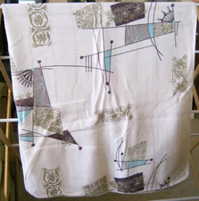 RETRO Modern ABSTRACT DESIGN Aqua Browns & Gold on White 44" X 42" TABLECLOTH