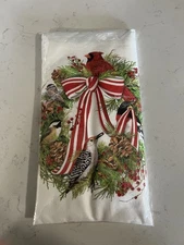 Mary Lake Thompson Flour Sack Towel Green Christmas Wreath, Birds & Red Cardinal