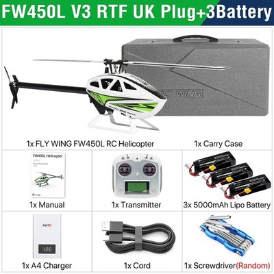 FlyWing FW450L V3 RC Helicopter 10CH GPS ACE Flight Controller 3 Battery White