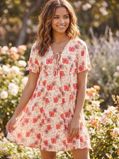 Astr The Label Casual Dress  Size S Short sleeve, tie neck, floral print, pink,