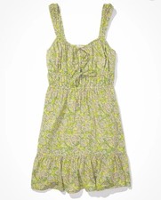 American Eagle Size Medium Silky Tie-Front Mini Dress Green Floral