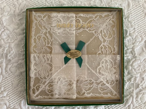 Vtg 60s Irish Linen Handkerchief NOS Org Fold Org Box