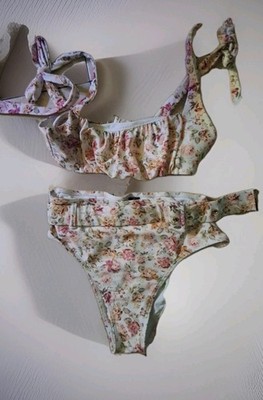 MINKPINK Floral Rayssa (Set ) Belted High Waisted Bikini Bottom + Top S NWOT