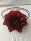 Vintage Ruby Red/Berry Glass Romanian Handled Basket Ribbon Edge Handle.