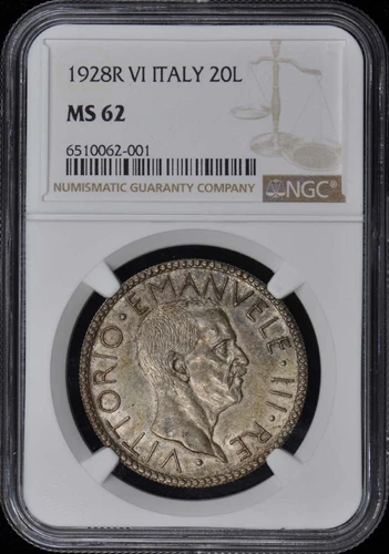 1928R VI ITALY KM-69 20L NGC MS62