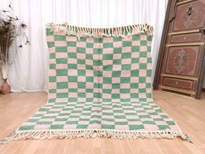 5x7 Checkerboard Green Pink Berber Moroccan Rug Traditional Handmade Wool Carpet