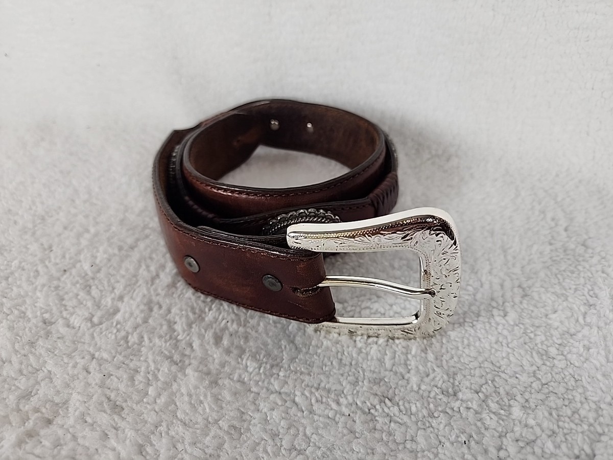 Tony Lama Black Leather Western Embellished Belt silver medallions 30 Vintage Tooled Leather and Cow Hair Tony Lama Western Belt  main image 3