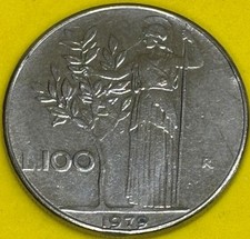 1979 Italy 100 Lire Wreath with Laural Goddess Minerva w/ Olive Tree