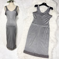 Genuine Chanel Trimmed Sleeveless Dress Size 40 Shiny Silver Gray CHANEL