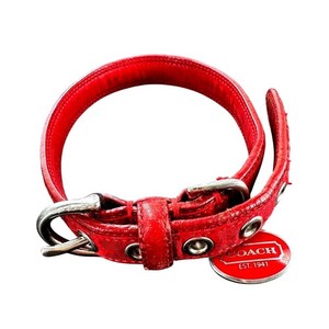 Coach Dog Collar Small Red Signature Jacquard Leather Silver Hardware Logo Charm