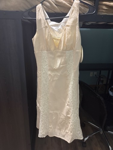 70s Vintage Ivory Satin Slip with Lace Side Panels Sleeveless Lingerie Nightgown