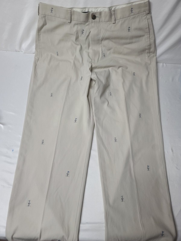 Brooks Brothers 38 X 29 cream light tan flat front pants no cuff embr golf clubs