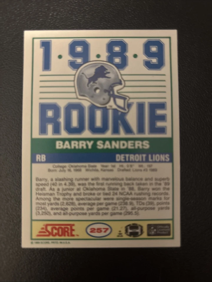 1989 Score - Barry Sanders #257 (Rookie Card) - Image 2 of 2