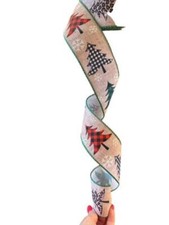 2.5" Wired Christmas Trees and Snow Collage Ribbon  10 Yard Roll 