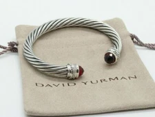 David Yurman Sterling Silver 7mm Cable Crossover Garnet Diamond Bracelet