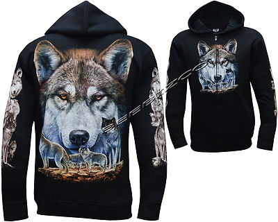 Neu Wolf Pack Hoodie Kapuzenpullover Native American Indian Eagle Biker mit Reißverschluss