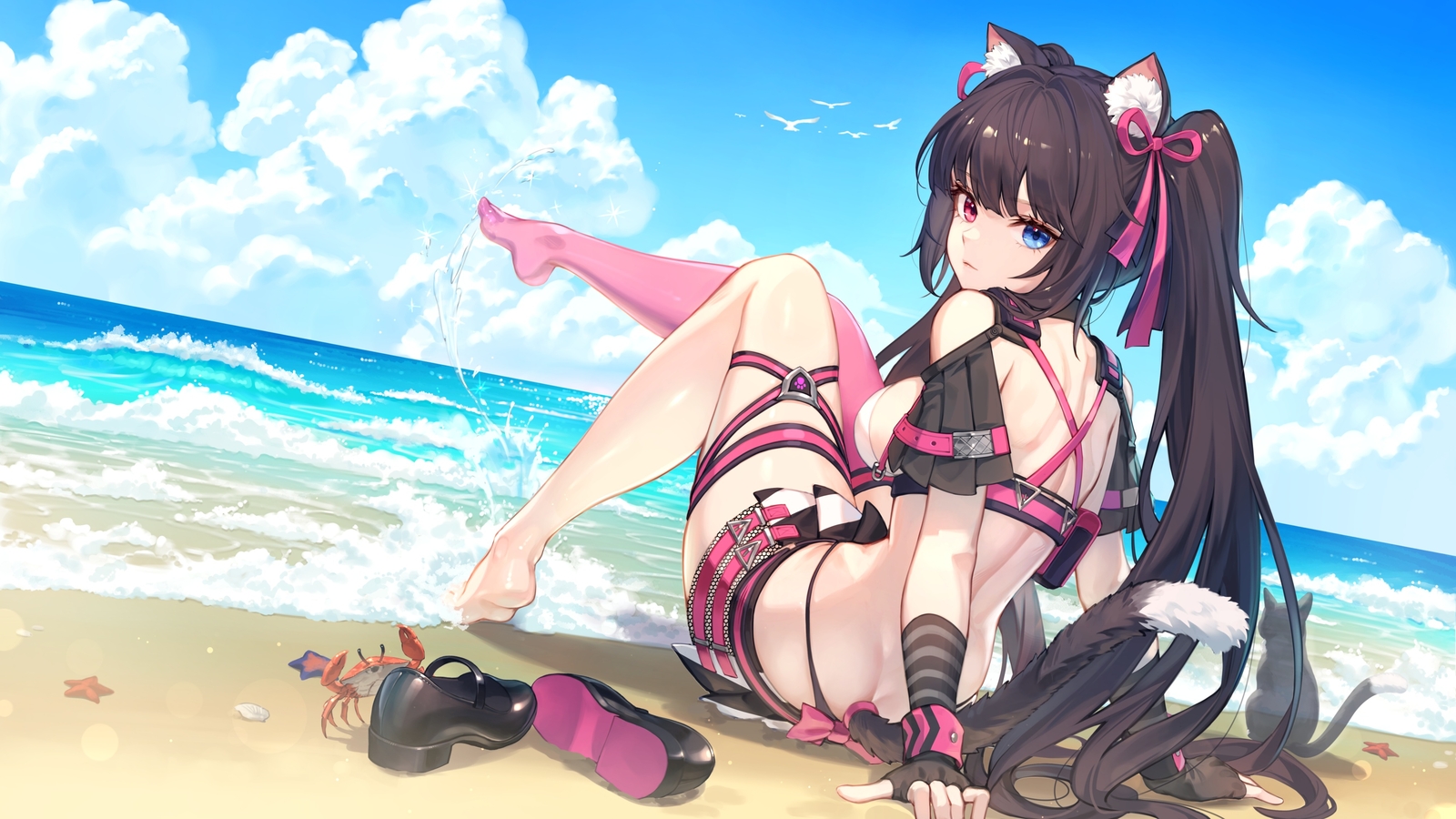 Anime girls heterochromia cat girl ears tail feet water Playmat Gaming Mat Desk