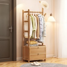 Bamboo Clothes Rail Rack Garment Hanging Stand Open Wardrobe with 2 Drawer Unit